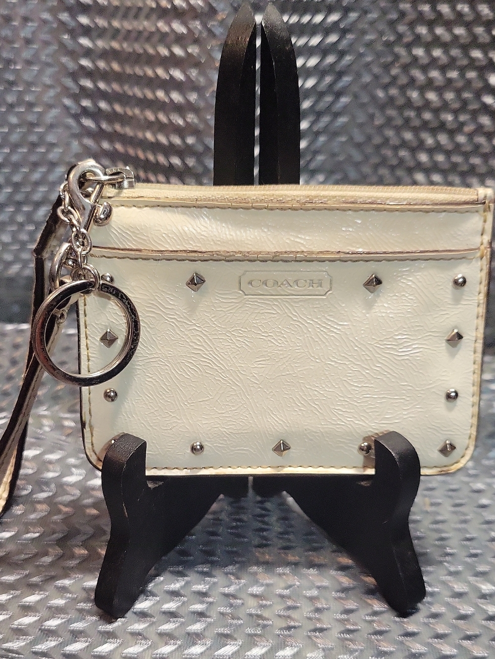 Coach Cream Leather Stud Card Case Keyring- Rehab Project Case